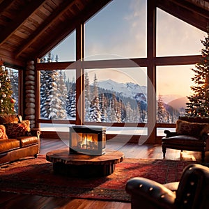 Cozy luxurious winter cabin with warm fire and cold snow outside