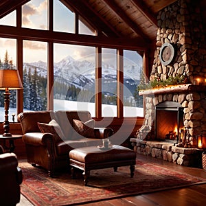 Cozy luxurious winter cabin with warm fire and cold snow outside