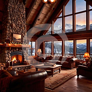 Cozy luxurious winter cabin with warm fire and cold snow outside