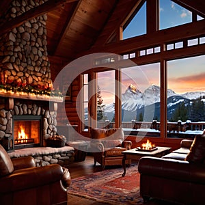 Cozy luxurious winter cabin with warm fire and cold snow outside