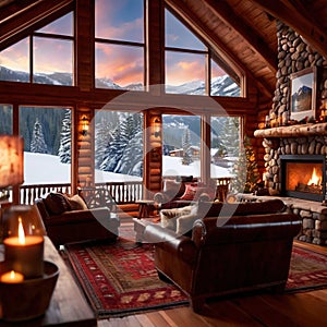 Cozy luxurious winter cabin with warm fire and cold snow outside