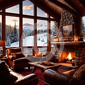 Cozy luxurious winter cabin with warm fire and cold snow outside