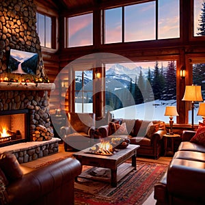 Cozy luxurious winter cabin with warm fire and cold snow outside