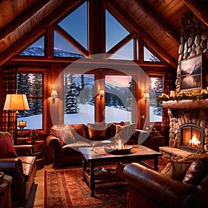 Cozy luxurious winter cabin with warm fire and cold snow outside