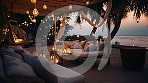 cozy Luxury resort, evening beach, candles blurred light on table ,sofa, hammock on front sunset sea