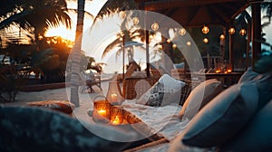 cozy Luxury resort, evening beach, candles blurred light on table ,sofa, hammock on front sunset sea