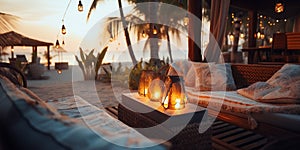 cozy Luxury resort, evening beach, candles blurred light on table ,sofa, hammock on front sunset sea