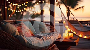 cozy Luxury resort, evening beach, candles blurred light on table ,sofa, hammock on front sunset sea