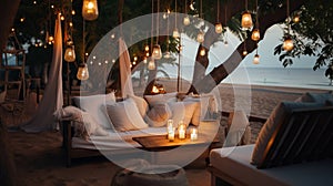 cozy Luxury resort, evening beach, candles blurred light on table ,sofa, hammock on front sunset sea