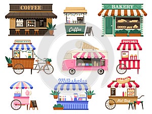 Cozy market stalls and booths. Coffee and bakery shop, ice cream van, popcorn, cotton candy, hot dog and drinks kiosks
