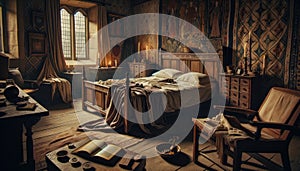 Cozy Medieval Bedroom with Ornate Canopy Bed and Tapestries