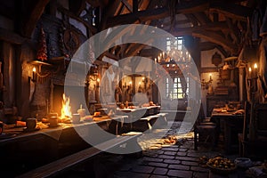 Cozy medieval tavern inn interior with food and drink on tables, burning open fireplace, candles