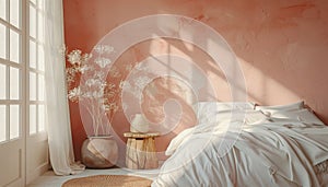 Cozy minimalist interior with earthy tones in 13-1023 Peach Fuzz color featuring vase of pampas grass on rustic wooden table