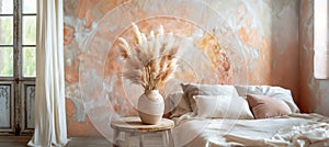 Cozy minimalist interior with earthy tones in 13-1023 Peach Fuzz color featuring vase of pampas grass on rustic wooden table photo