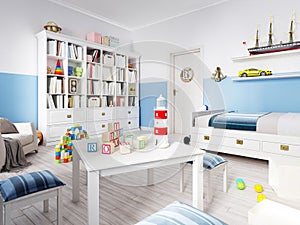 Cozy modern children`s room decor with white furniture, floor an