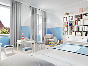 Cozy modern children`s room decor with white furniture, floor an