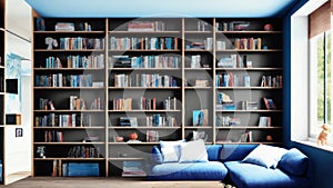 Cozy Modern Home Library With Scandinavian Bookcase. Armchair. And Book Shelf. Generative AI