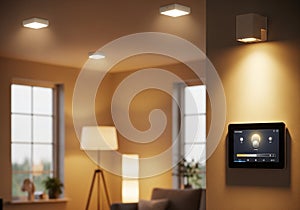 A cozy modern interior featuring smart lighting control. The room