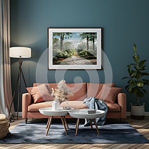 Cozy, modern living room with empty frame for customization