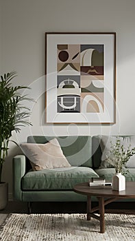 Cozy, modern living room with empty frame for customization