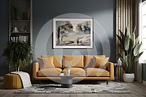 Cozy, modern living room with empty frame for customization