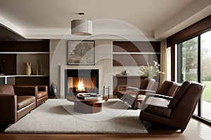 Cozy modern living room with fireplace, comfortable brown leather furniture, and large windows with natural light