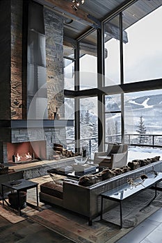 A cozy, modern living room with a fireplace, large windows showcasing a snowy mountain view, and contemporary furniture