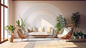 Cozy modern living room interior. Boho style wicker egg chairs, beige sofa, several green plants in floor pots, vintage