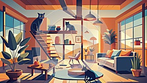 Cozy Modern Living Room Interior with Cats in Sunlight