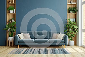 Cozy modern living room interior have sofa on empty dark blue wall background.3d rendering.