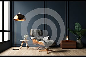 Cozy modern living room interior with leather armchair and decoration room on empty dark blue wall background. Generative AI.