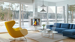 Cozy modern living room with vibrant yellow chair, blue sofa, and warm fireplace