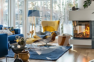Cozy modern living room with yellow chair, blue sofa and warm fireplace