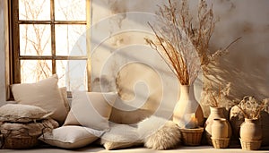 Cozy modern loft, comfortable bed, bright sunlight, rustic brick wall generated by AI