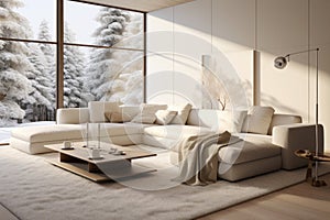 Cozy modern luxury interior design of the living room with a white sofa