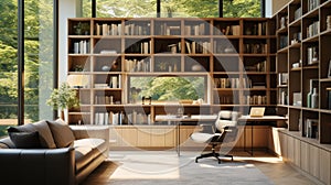 A cozy and modern office space with bookshelves, a sofa, a coffee table, and a window seat