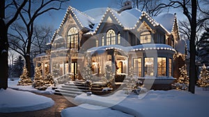 Cozy Modern Suburban Home Aglow with Christmas Lights and Falling Snow