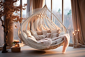 Cozy modern wicker hammock chair with a lot of pillows in the living room of a country house