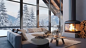 Cozy modern winter living room interior. Cozy house in the mountains