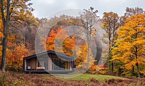 A cozy modern wooden cabin surrounded by colorful autumn foliage