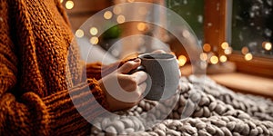 The cozy moment of sipping coffee by the window in winter. AI generated image