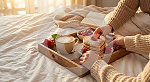 Cozy Morning In Bed With Pancakes, Coffee, Berries, And An Open Book