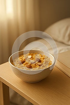 Cozy Morning Breakfast: Cereal with Milk and Almonds on a Bedside Table AI-GENERATED