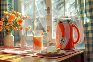 Cozy morning breakfast scene with sunlight