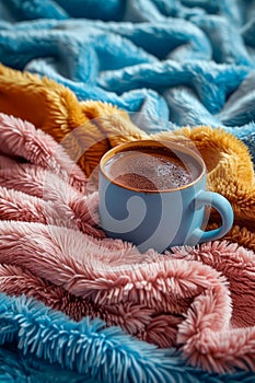 Cozy Morning Comfort with a Cup of Hot Chocolate on Colorful Soft Blanket Textures, Relaxation and Warmth Concept