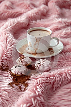 Cozy Morning Concept with Hot Chocolate and Cookies on Fuzzy Pink Textured Background