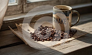 a cozy morning scene featuring coffee beans, a mug , and soft sunlight streaming through a window on a rustic