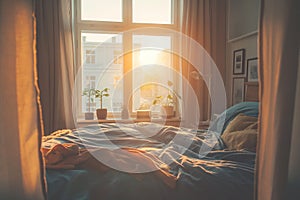 Cozy Morning in a Sunlit Bedroom with Urban View