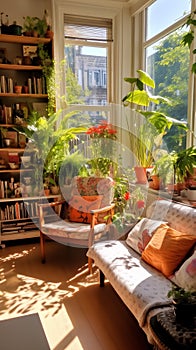 Cozy Morning in a Sunlit Living Room With Indoor Plants