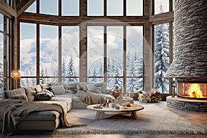Cozy Mountain Chalet: Winter Living Room with Fireplace and Snowy View. AI